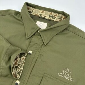 Ducks Unlimited Fishing Shirt Mens XL Olive Green Vented Roll‎ Tab Long Sleeve